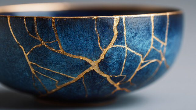 Elegant Kintsugi Bowl Showcasing Golden Veins and Exquisite Craftsmanship. The bowl exhibits a unique blend of artistry and resilience, with visible crack repaired with gold