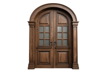 Obraz premium Arched wooden double doors with frosted glass panels and ornate trim entrance, Isolated On White Background, Png Transparent