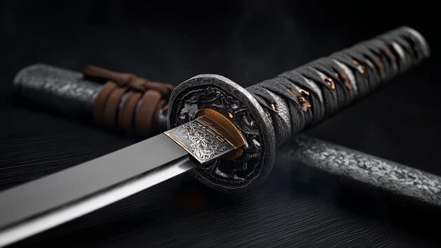 Japanese katana sword displaying a sharp blade, A Japanese katana sword showcasing a polished