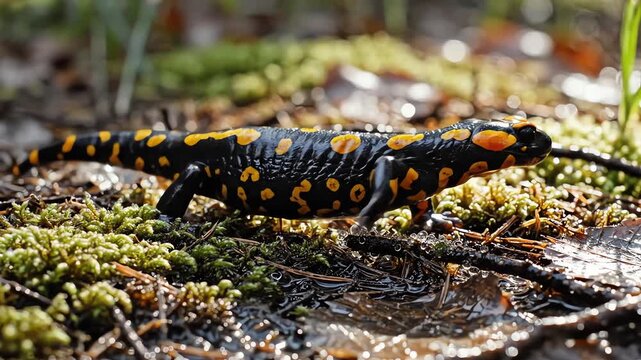 Spotted Salamander on Mossy Forest Floor