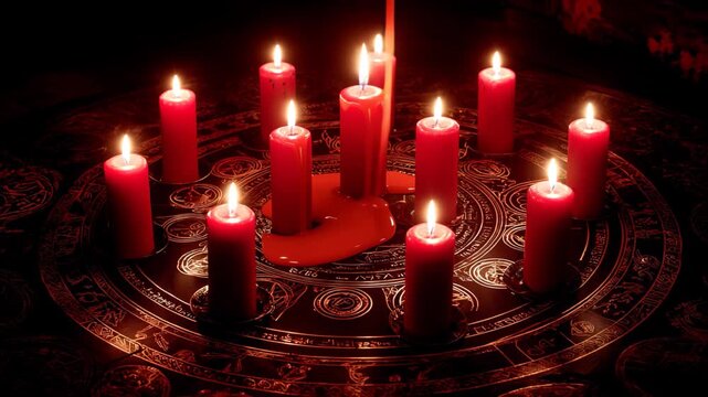 Lit red candles arranged on an esoteric ritualistic circle, A circle of lit red candles set for an esoteric ritual