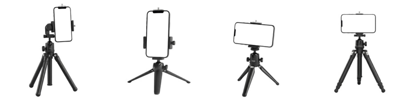Smartphone on tripod set with horizontal and vertical blank screen isolated on white background