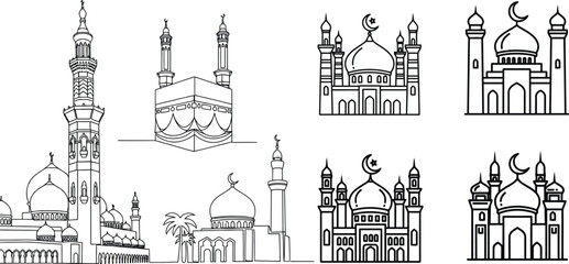 Obraz premium Line art illustrations of various islamic mosques and crescent moon designs