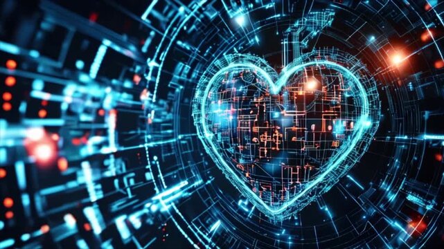 Digital heart in cyberspace. Virtual reality, programming and information technology of the future. Artificial intelligence, code data and cybersecurity. St. Valentine's Day love concept