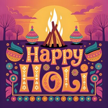Colorful Happy Holi festival poster with bonfire, pots, and decorative typography.