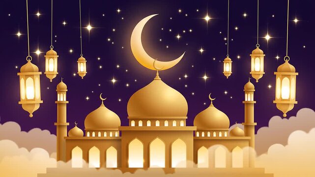 Golden Mosque with Crescent Moon and Lanterns at Night