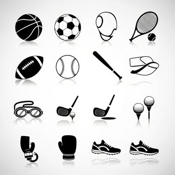 Black and white sports equipment silhouettes arranged in vector icon grid