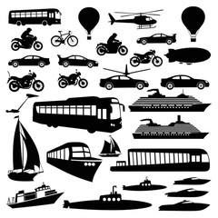 Naklejka premium Black and white transportation silhouettes including land air and sea vehicles