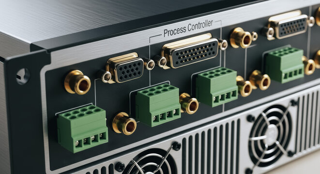 Process Controller Connectivity: Close-up view of industrial computer hardware, showcasing D-sub connectors, green terminal blocks, and BNC ports on a technical control unit.