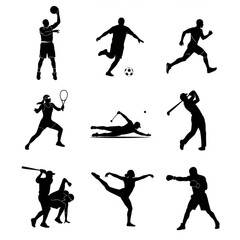 Naklejka premium Black and white sports player silhouettes in action poses arranged in grid layout