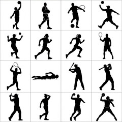 Obraz premium Black and white sports player silhouettes in action poses arranged in grid layout