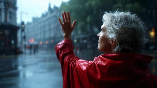 A solitary figure in a red raincoat stands against a rainy backdrop, reaching out with an outstretched hand as if longing for connection or shelter amidst the solitude 