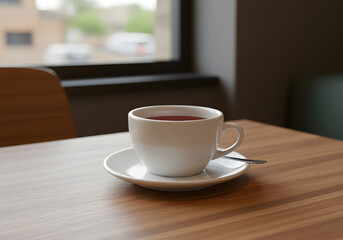 Obraz premium Cup of tea on wooden table near window
