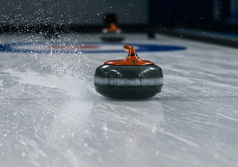 Curling stone in motion on ice