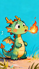 Obraz premium Green dragon breathing fire on grassy patch under bright blue sky, whimsical cartoon illustration seen from a front view highlighting character