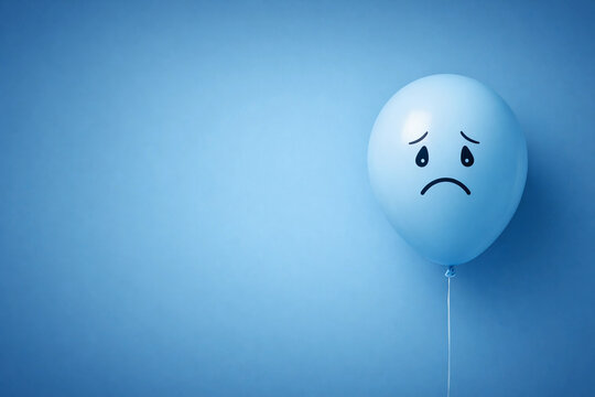 blue balloon on a blue background with a sad face drawn. Blue monday concept