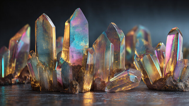 A cluster of iridescent crystals shimmering with light and color