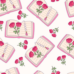 Open Book Pattern With Pink Covers, Rosary Beads