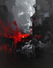 Dramatic abstract illustration stylized as oil paint in dark gray black tones with red accents. Textured background for posters, album covers, cinematic design