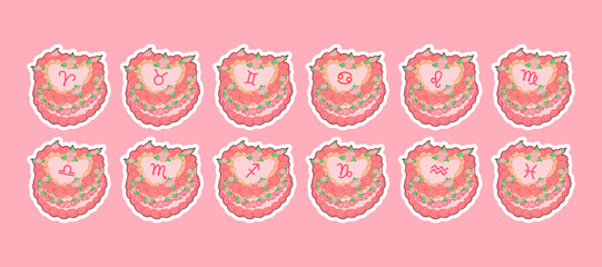 Set Of Pink Zodiac Cakes With Letter Symbols For Each Sign 