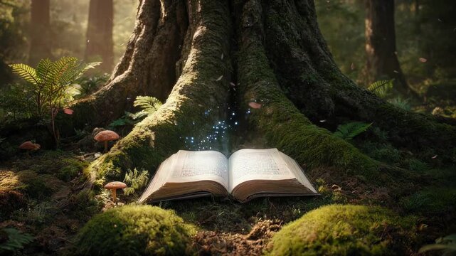 Ancient tome glows with magic at the base of a massive, moss-covered tree
