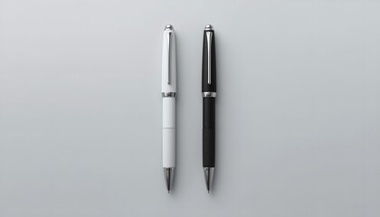 Two sleek pens, one black and one white, placed side by side on a clean gray surface