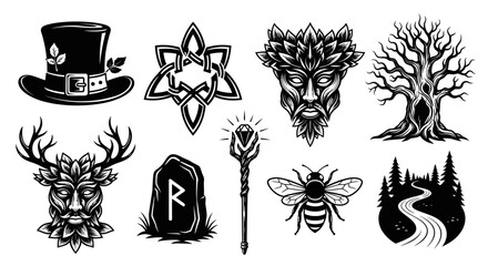 A collection of mystical and nature-inspired symbols including a top hat, a Celtic knot, a green man face, a tree, a stag head, a rune stone, a magic staff, a bee, and a forest path. © Avoxel
