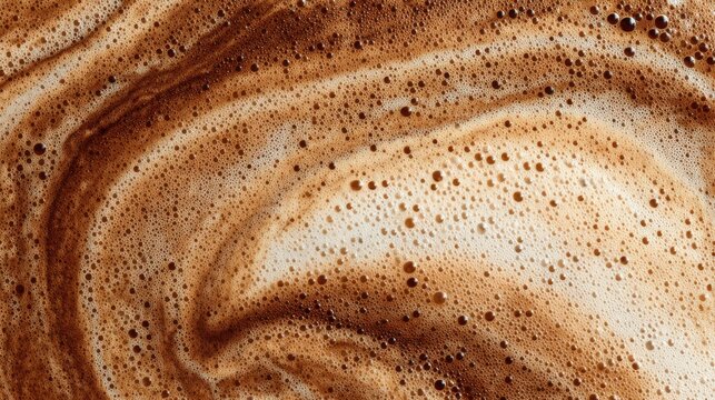 Close up macro shot of swirling chocolate foam with tiny bubbles and creamy texture abstract background