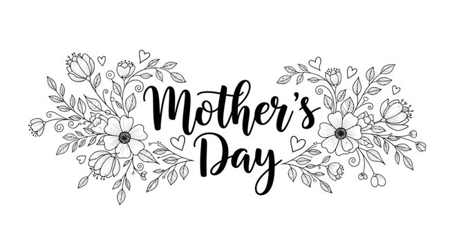 A beautiful black and white illustration featuring the words "Mother's Day" surrounded by delicate floral arrangements and small hearts.