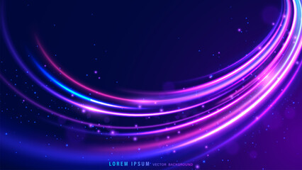 Obraz premium Abstract purple neon light swirl vector background. Glowing pink and blue curved lines with sparkles