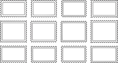 Collection of twelve blank postage stamp frames isolated on transparent background