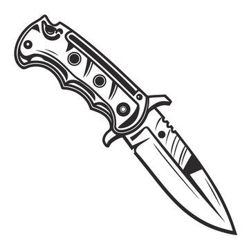 A detailed illustration of a combat knife with a serrated edge and a black handle
