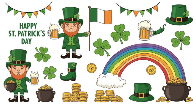 A collection of St. Patrick's Day themed illustrations including leprechauns, shamrocks, rainbows, and pots of gold.