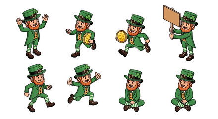 Fototapeta premium A collection of cartoon leprechaun characters in various poses and actions, including running with gold coins.