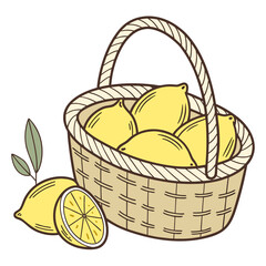 Fototapeta premium A wicker basket filled with lemons and lemon slices on a white background