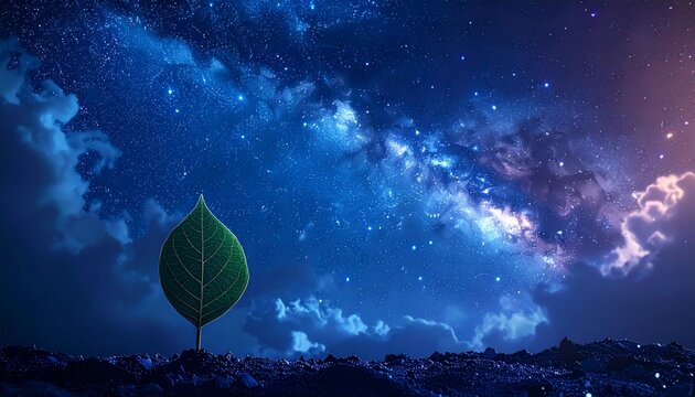 Green Leaf Beneath Galaxy Sky, Surreal Night Nature Scene with Milky Way and Wide Copy Space for Inspirational Design