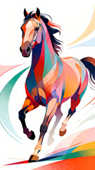 Obraz premium Vibrant abstract horse galloping freely across white void, mane flowing, colorful splashes, dynamic side view illustration