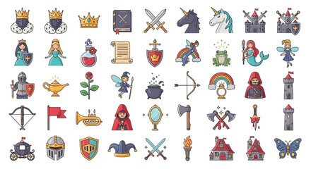 Fototapeta premium A collection of colorful fantasy and fairy tale icons, including royalty, mythical creatures, and magical objects.