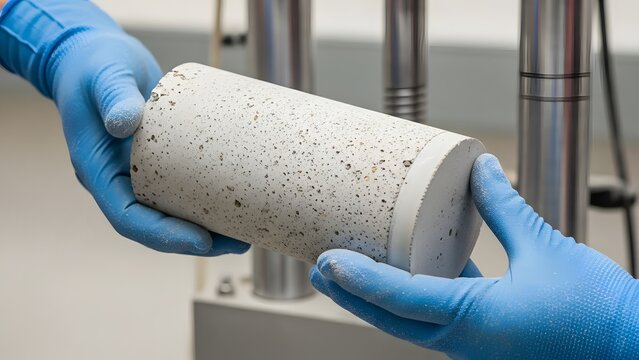 Scientist Handling Concrete Core Sample.