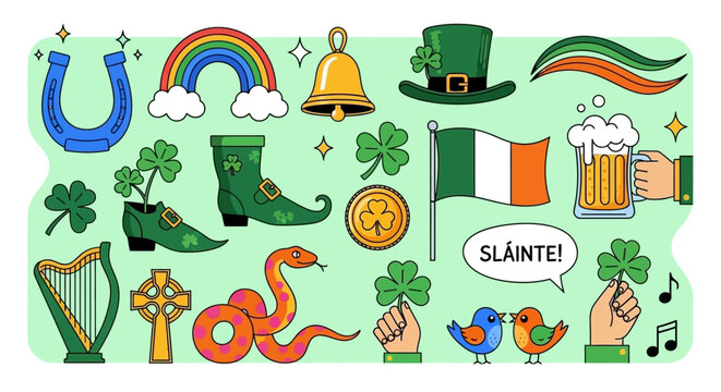 A vibrant collection of St. Patrick's Day symbols and icons including shamrocks, a leprechaun hat, an Irish flag, a rainbow, and a horseshoe on a green background.