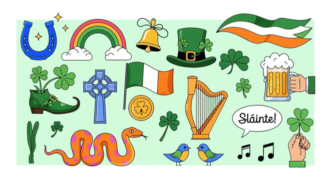 A vibrant collection of St. Patrick's Day and Irish cultural symbols including shamrocks, leprechaun hat, flag, harp, beer, rainbow, horseshoe, and Celtic cross.