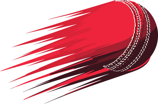 Red cricket ball with abstract motion streaks and brush strokes sport game