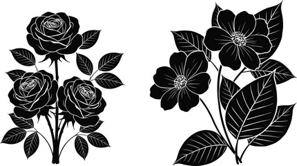 Rose floral silhouette illustration with blooming flowers and leaves, black botanical design for wedding decor, romance themes, crafts, prints, and patterns © Mosharaf Creative