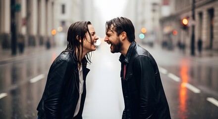 Couple Soaked in Rain Laughing, Drenched People in Downpour, Joyful Urban Rain Scene