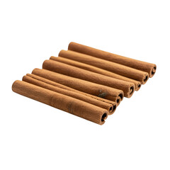 Seven brown cinnamon sticks neatly arranged isolated on transparent background