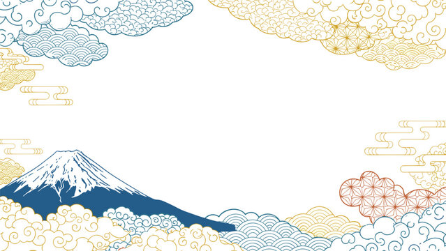 Elegant Japanese style landscape featuring a snow-capped Mount Fuji surrounded by traditional gold and blue clouds with wave patterns.