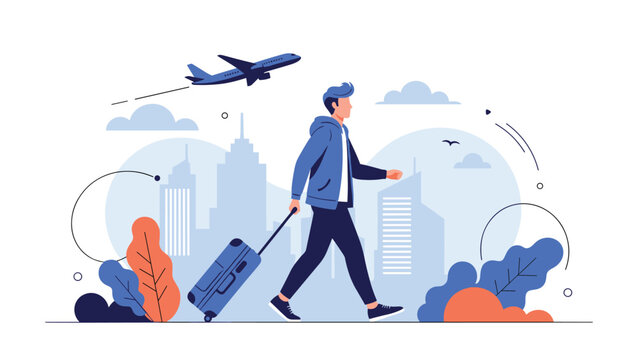 Traveling businessman walking with a blue rolling suitcase in a modern city skyline with a jet plane flying in the sky.