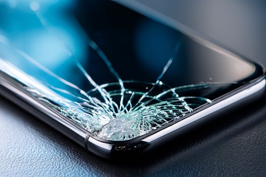 Close-Up of Cracked Smartphone Screen on Dark Surface