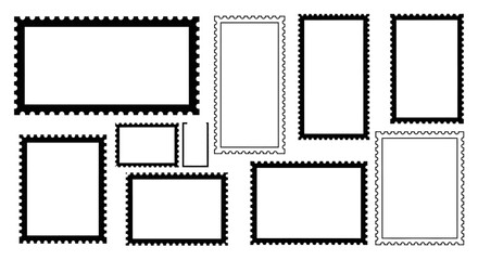 A collection of various blank postage stamps with perforated edges, arranged in a scattered pattern on a white background.
