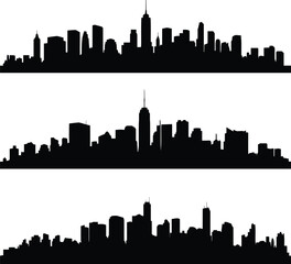 Obraz premium Three horizontal black silhouette city skylines with various buildings on a white background Keywords: city, skyline, silhouette, buildings, architecture, urban, cityscape, skyscrapers, modern